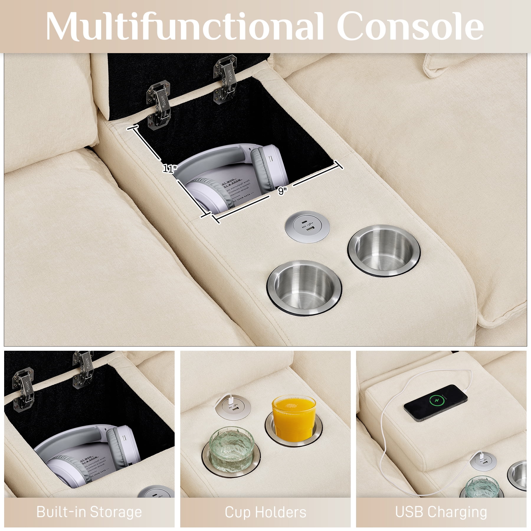 Wiilayok 145" U Shaped Sectional Sofa,Chenille Cloud Modular Sectional Sofa Couch Set with Double Chaise,Central Console,Cup Holder for Living Room,Beige