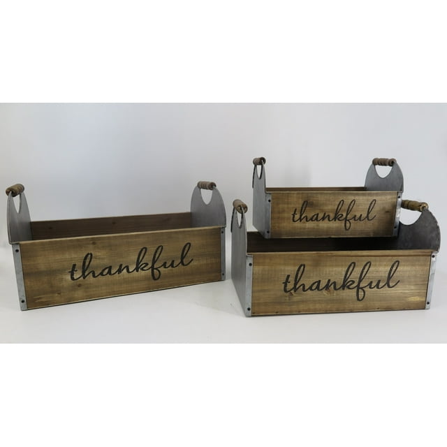 Set Of 3 Brown 'Thankful' With Wood Handles And Metal Sides Crates