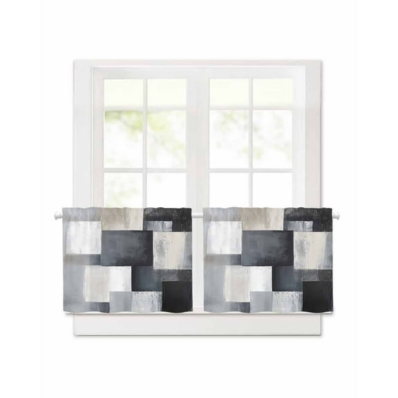 Abstract Blocks Short Blackout Curtains 30 Inch Long Black Grey Watercolor Modern Art Rod Pocket Kitchen Curtains, 2 Panels Thermal Insulated Room Darkening Drapes for Bedroom, 42"W x 30"L