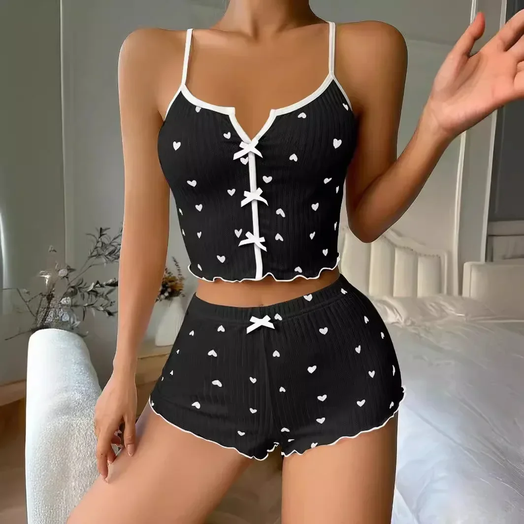 Sleepwear Women Pajamas Set Heart Print Soft Ribbed Fabric with