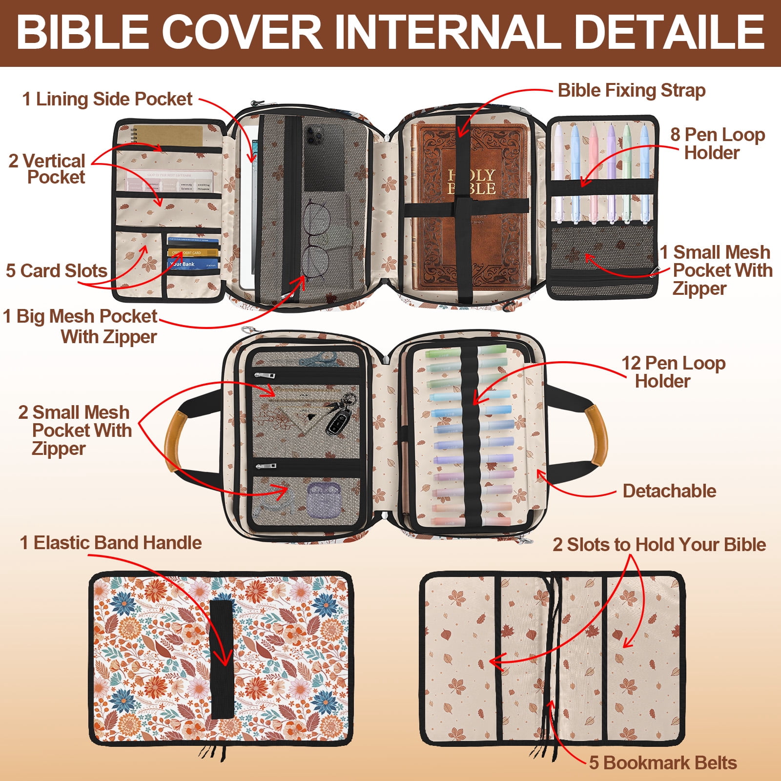 Bible Cover Case for Women,Bible Carrier,Floral Print Bible Bags for Women Organizer,Bible Holder Case with Shoulder Strap,Handle,Bible Study Supplies Kit with Highlighters,Tabs,Pens,Christian Gift