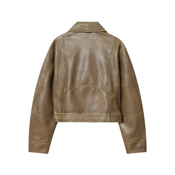 AUNVITO Women's Cropped Biker Jacket with Zipper Pockets & Adjustable Waist Belt, Long Sleeve Non-Hooded Casual Outerwear Washed Leather Look Nylon-Spandex Blend