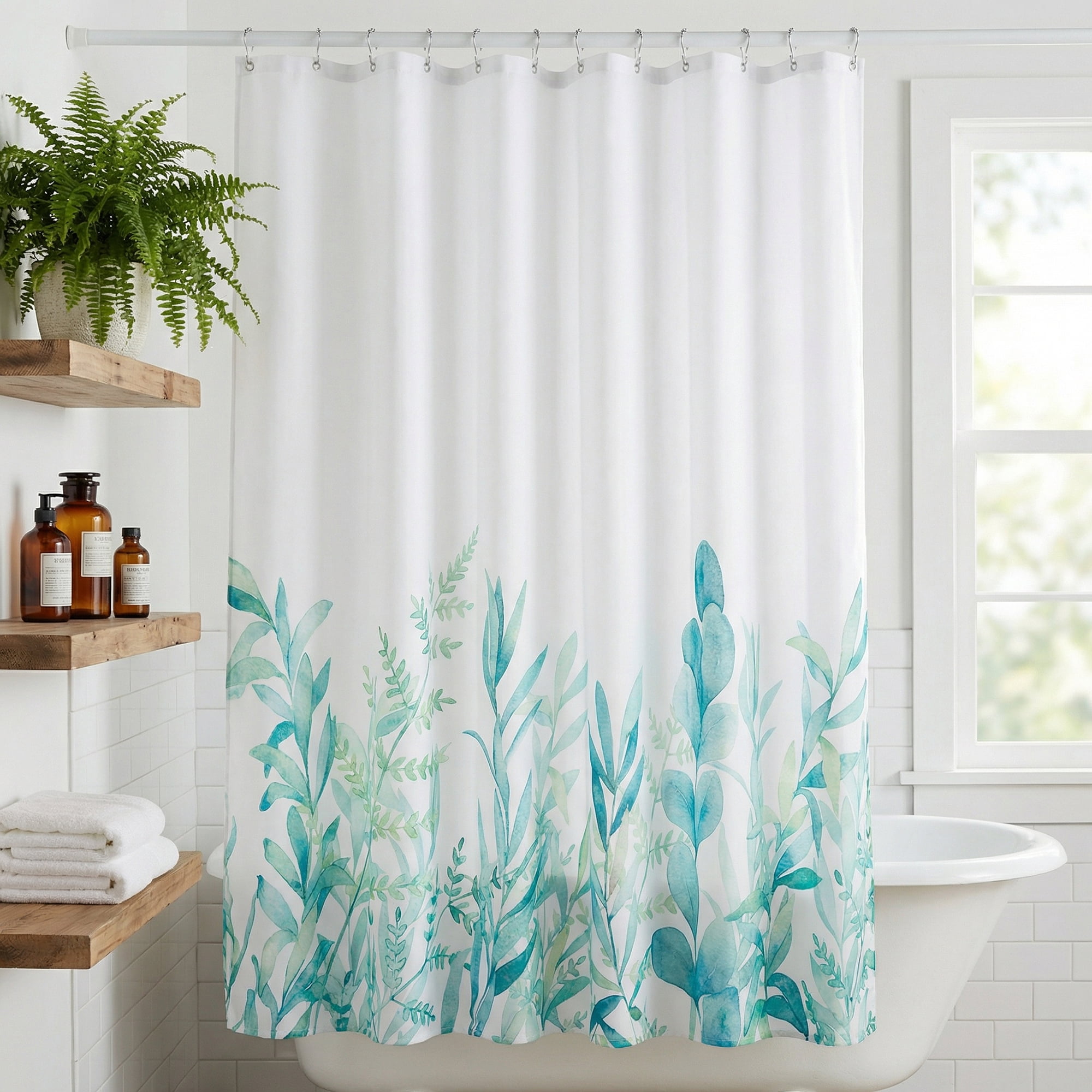 Unique Bargains Bohemian Waterproof Shower Curtain Sets with Hooks Green 71"W x 71"L