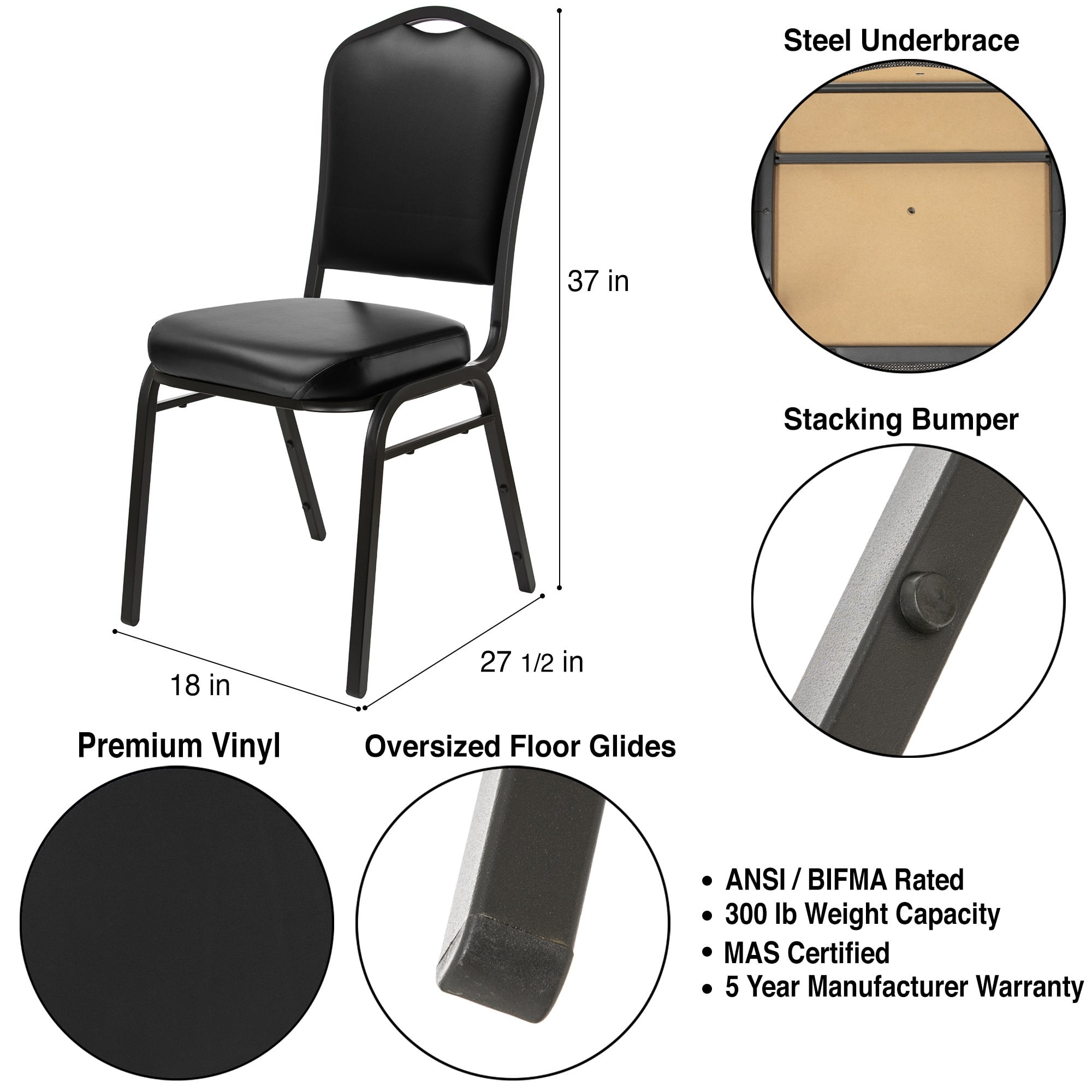 Hampden Furnishings Lila Collection Vinyl Banquet Chair, Black, Pack of 2