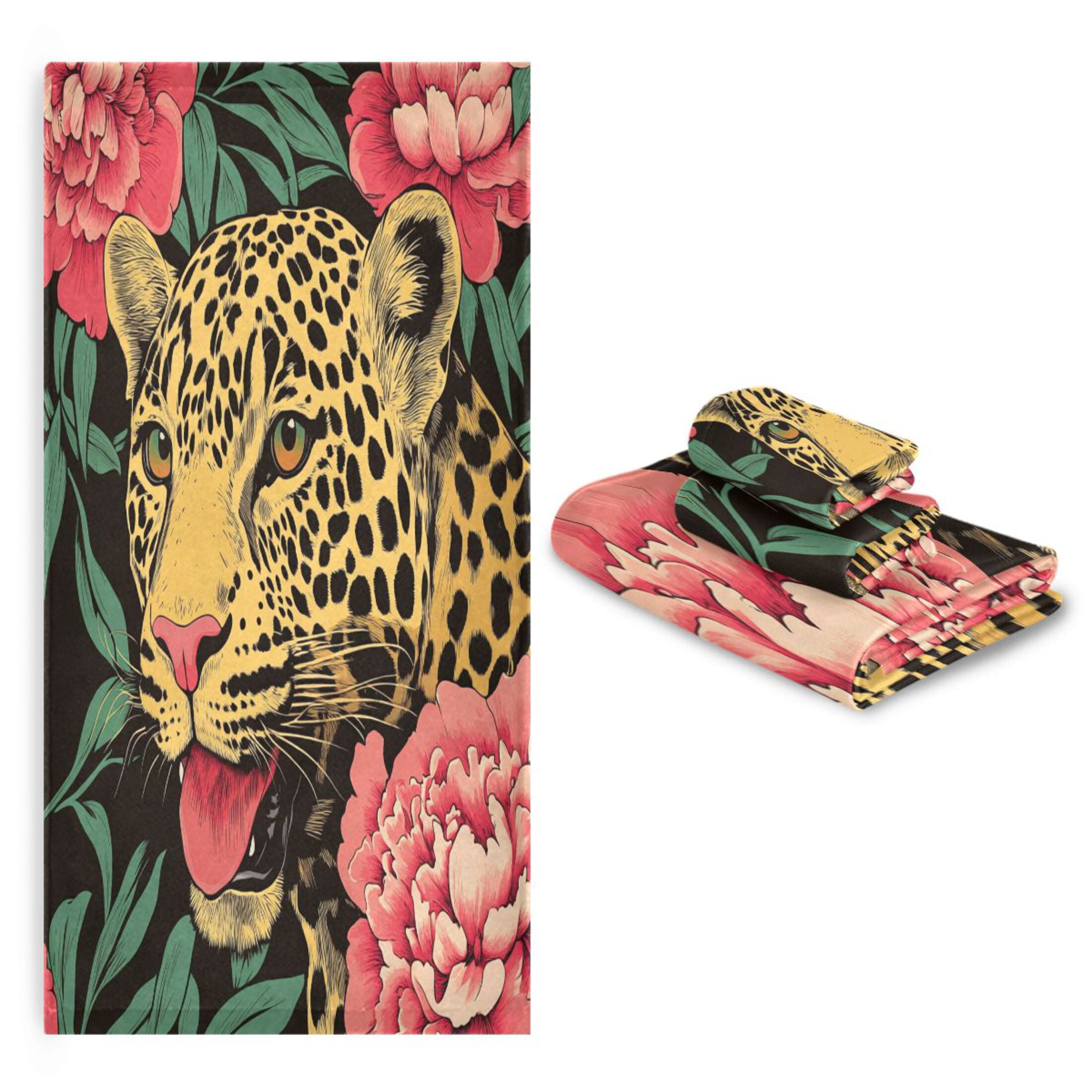 BZSMCE 3piece Bath Towel Sets Hand Bath Towels Fashion Leopard & Flowers Printed Towel Sets
