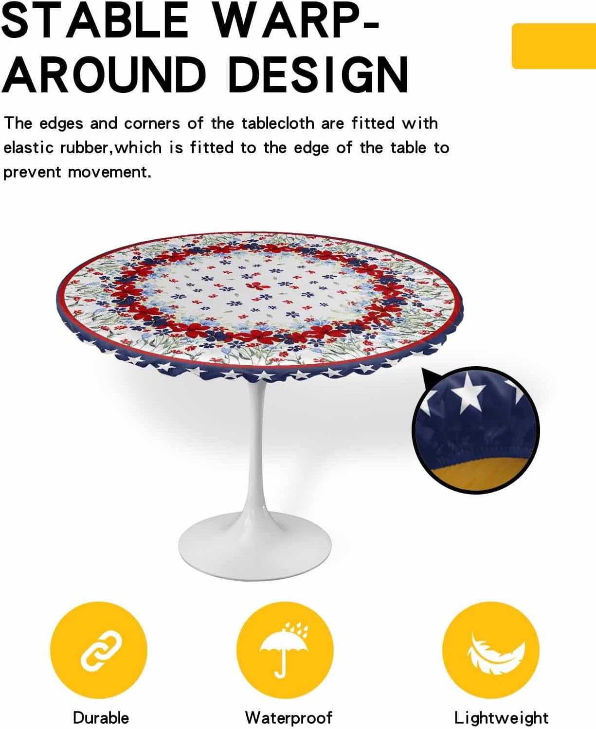 Red Black Floral Round Tablecloth Fitted Table Cover, Elastic Tablecloths Waterproof Outdoor Indoor Stretch Cloth Tablecover for Dinner, Party, Shower, Spring Tulip Blue Flower Spring Summer 36-44IN