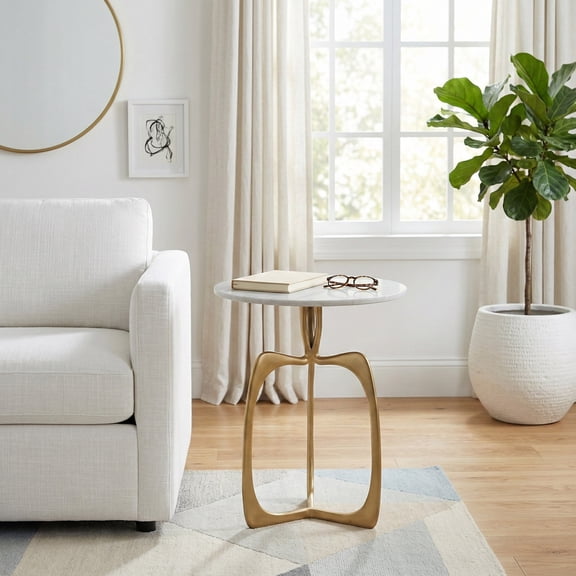 Modern End Table with Marble Top for Bedside or Living Room Decor - Sculptural Aluminum Base Side Table for Small Spaces - Decoarative Compact Accent Table for Home Display - 23", Gold & Metallic