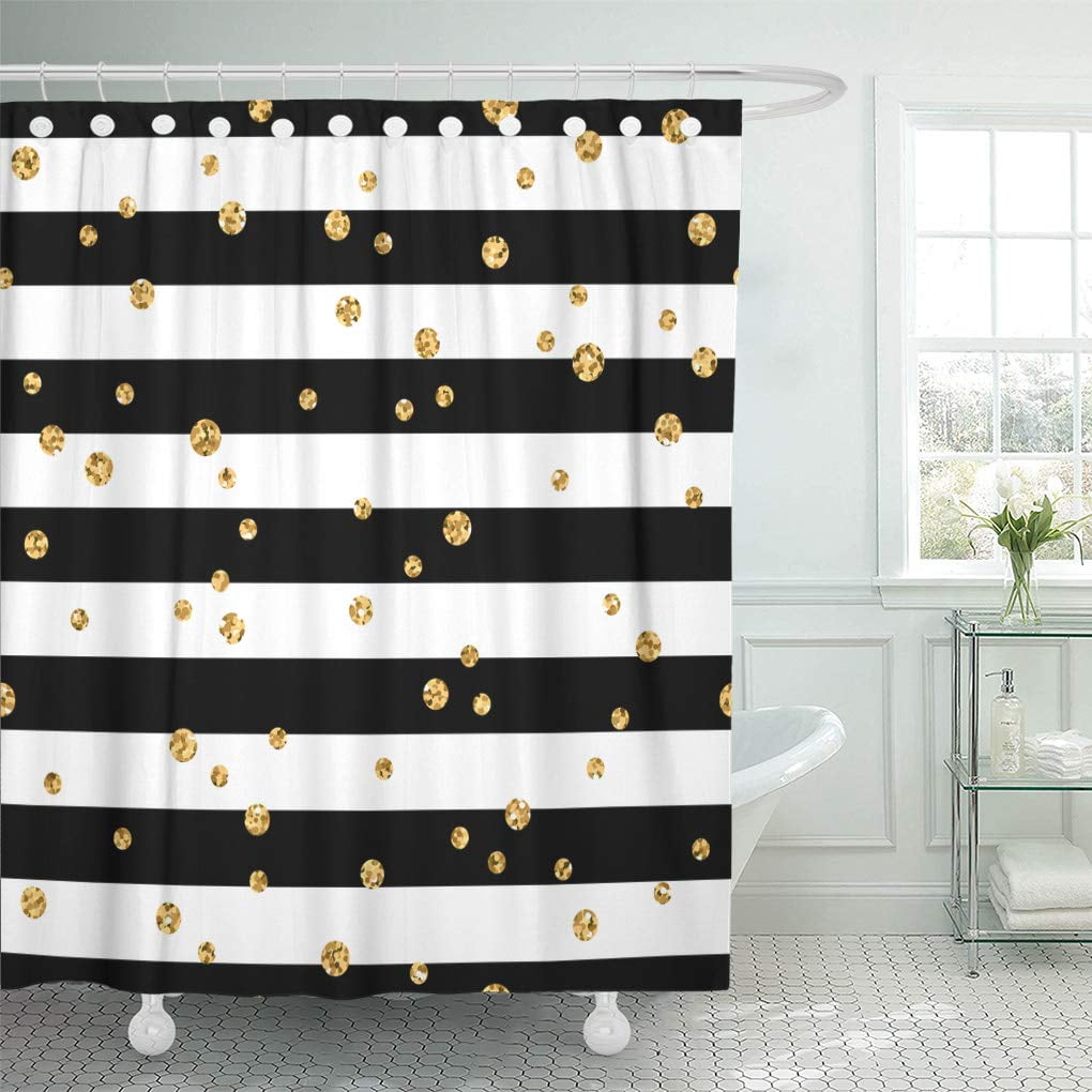 CYNLON Gold Polka Dot on Lines Golden Confetti Black Bathroom Decor