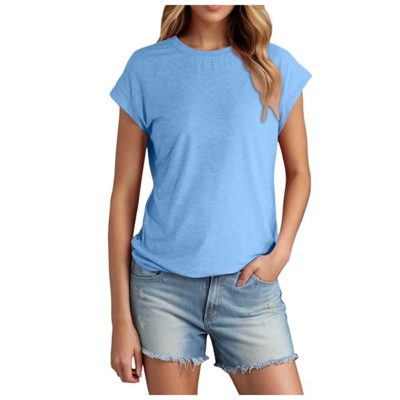 Landzoo Women'S Tops Solid Color Short Sleeve Crew Neck Shirt Summer Comfortable Women T Shirt Size L Blue
