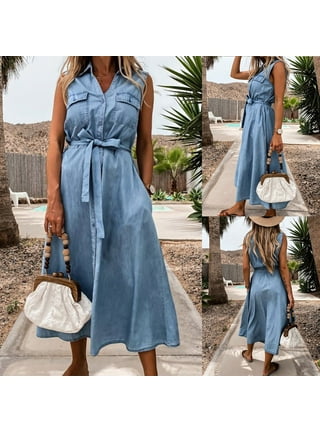  XXYT Plus Size 5XL Summer Denim Dress for Women Half Sleeve  Denim V-Neck Loose Maxi Dress Streetwear Midi Denim Dress,Dark Blue,M :  Clothing, Shoes & Jewelry