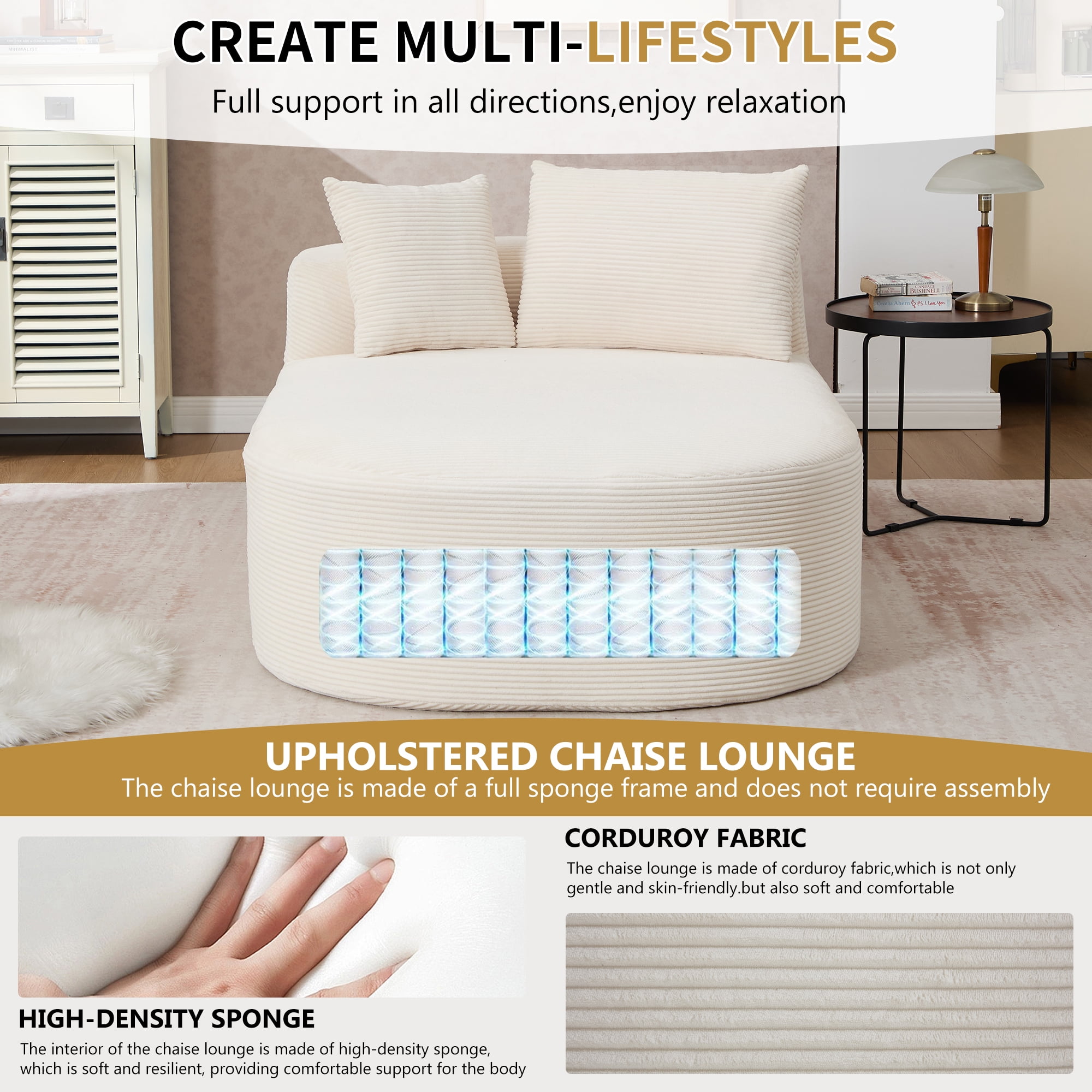 Gewnee Oversized 56.7-inch Deep Seat Corduroy Sofa Bed, No Assembly Required, Perfect for Living Room and Lounge，Beige