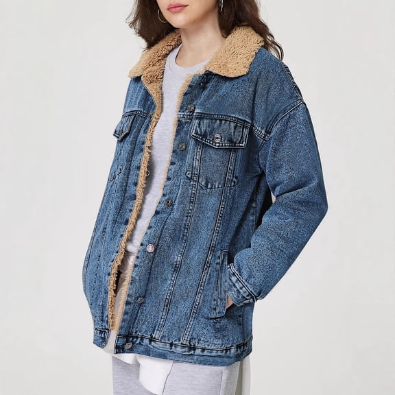 Women Sherpa Fleece Lined Jeans Jacket Denim Trench Coat Thicken Button Down Trucker Coat Overcoat