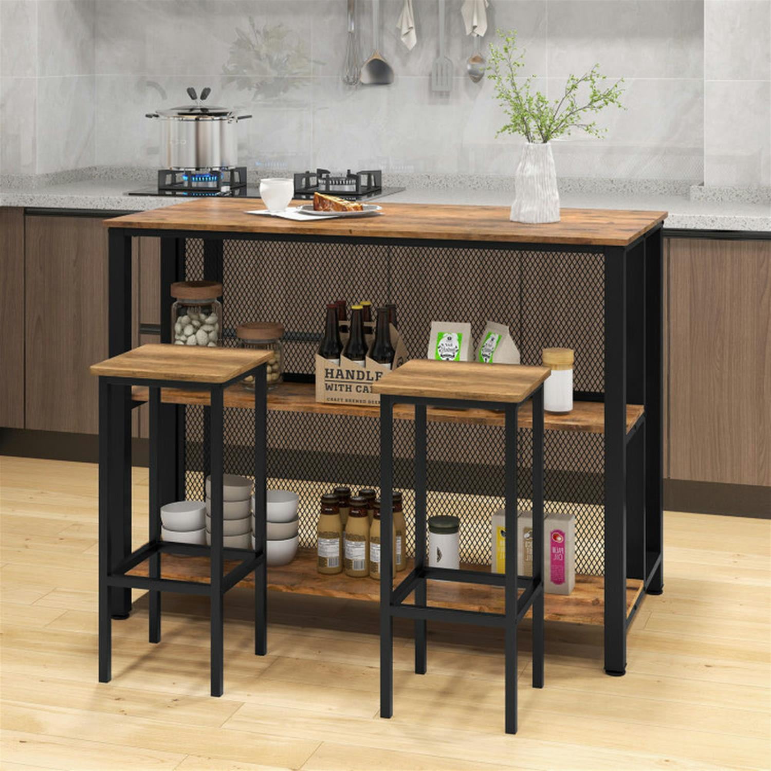 Demi Bonn 36" 3-Tier Bar Table with Storage Metal Frame Adjustable Foot Pads for Kitchen, Dining Room, Dinette, Breakfast Nook, Brown