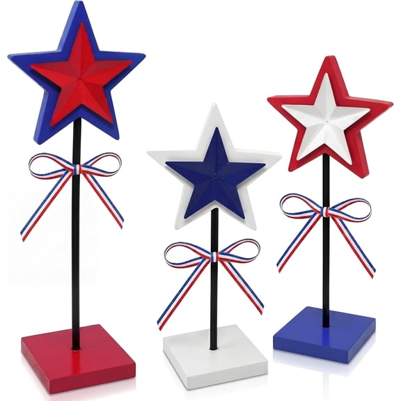 Gift Boutique Patriotic Wooden Star Decor Set, 3-Piece Red White Blue 4th of July Centerpiece Tiered Tray USA Independence Day Decor