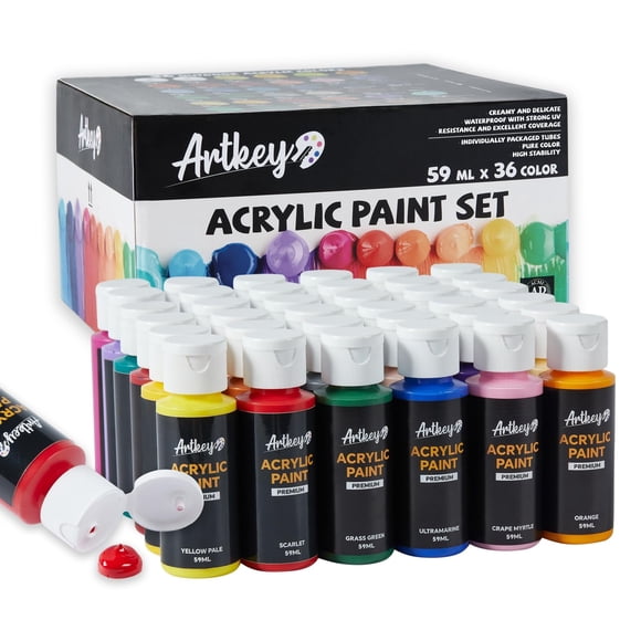 Juego de pinturas acrílicas Artkey: 36 colores, 59 ml (2 oz). Kit de pintura profesional para lienzos, telas, piedras, cuero, huevos de Pascua, madera, cerámica, vidrio, manualidades.