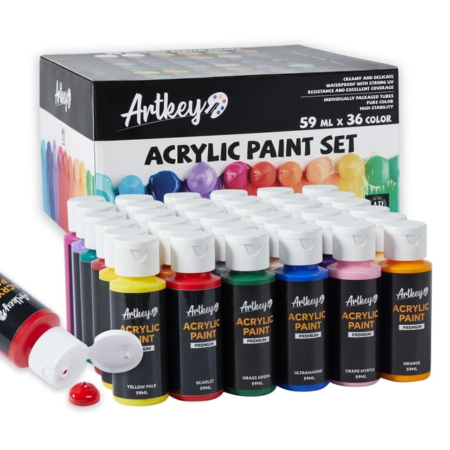Juego de pinturas acrílicas Artkey: 36 colores, 59 ml (2 oz). Kit de pintura profesional para lienzos, telas, piedras, cuero, huevos de Pascua, madera, cerámica, vidrio, manualidades.