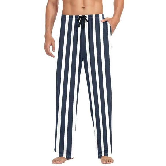 Cotton Mens PJ Pajama Pants Bottoms Waistband Sleepwear with Pockets Navy Blue and White Striped