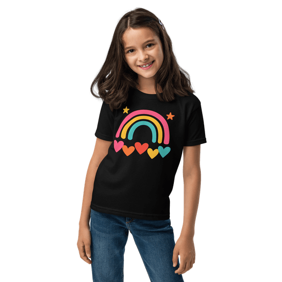 Girls rainbow t-shirt with hearts & stars – soft cotton blend tee, comfy fit, perfect for school, play & everyday wear.