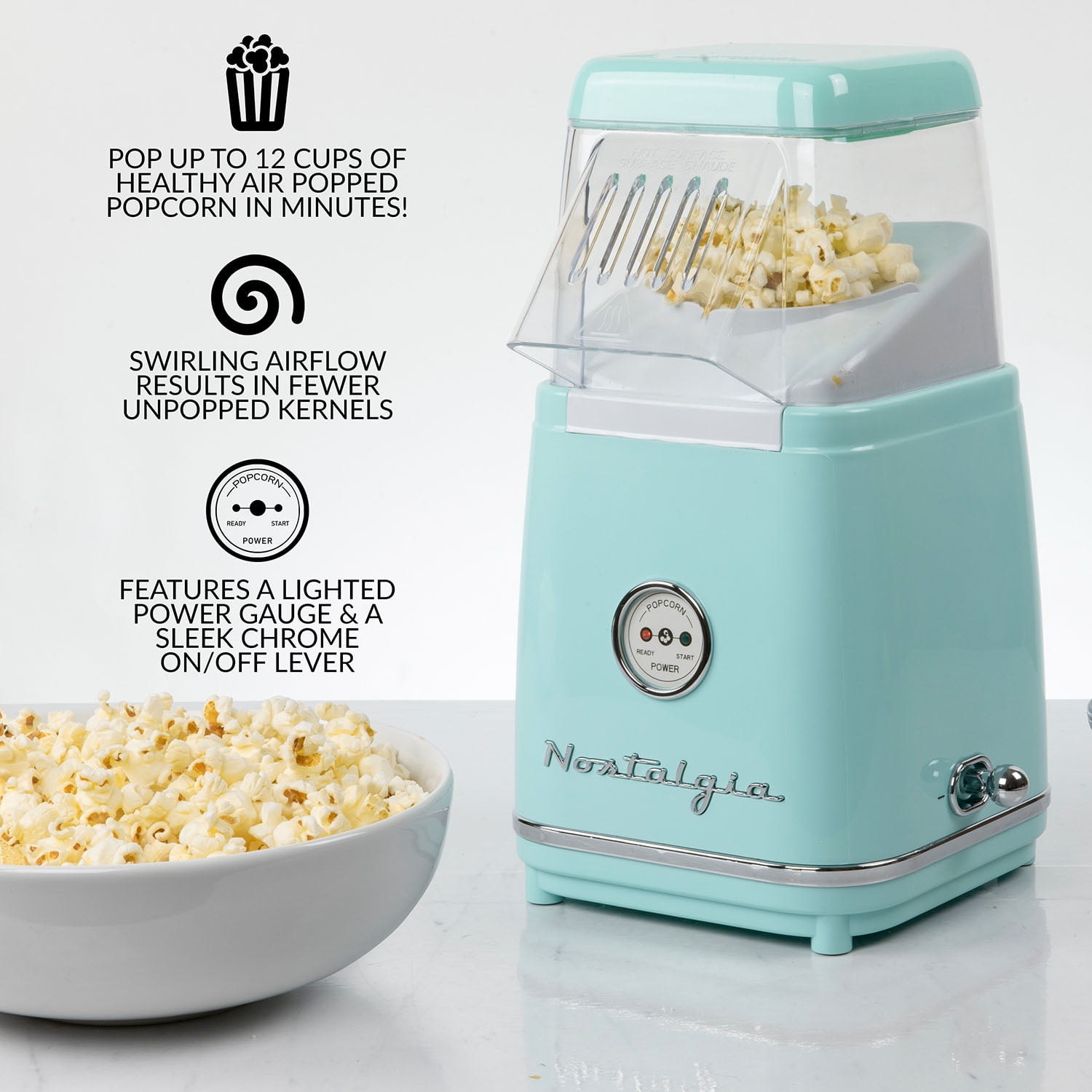 Quick and Healthy Hot Air Popcorn Machine - Aqua with Measuring