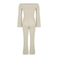 thumbnail image 6 of Kaemgyyd Women 2 Piece Set Spring Outfits Flare Long Sleeve off Shoulder Crop Top and Bell Bottoms Pants Set Rib Knit Lounge Sets, 6 of 6