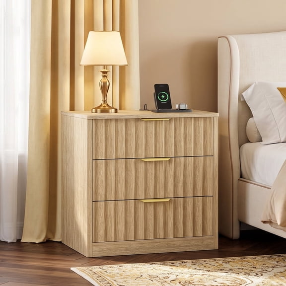 Nightstand with Charging Station and Led Light, Modern Bedside End Table with 3 Storage Drawer, Natural