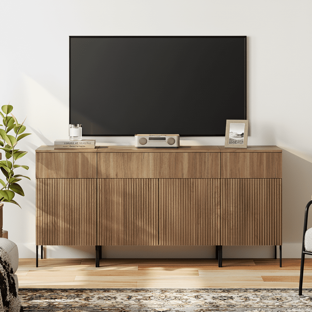 Modern Reeded Dresser TV Stand for TVs up to 75 Inch, Entertainment Center with Charging Station, Wooden TV Console with Storage for Living Room