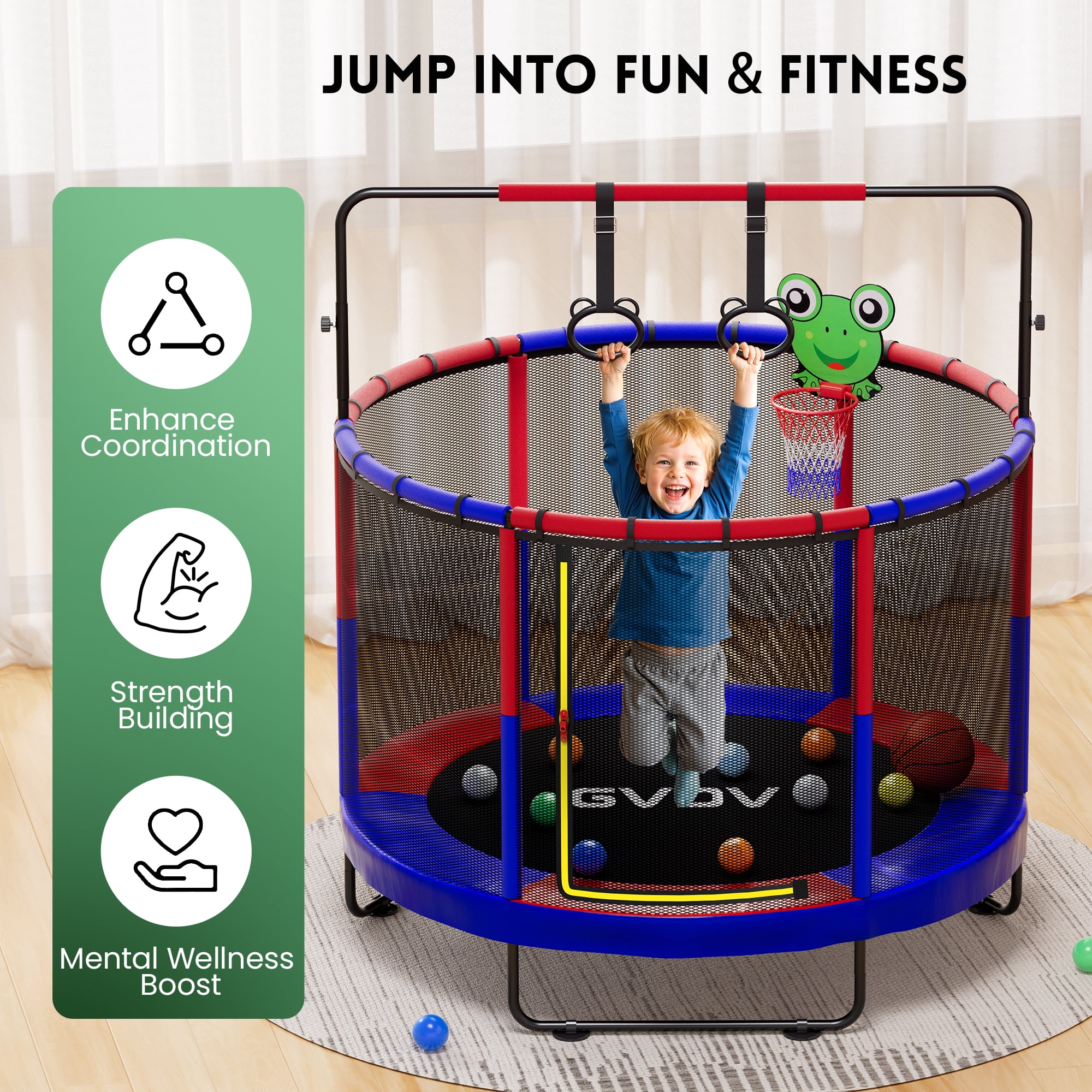 Trampoline for Kids, 60" Toddler Mini Trampoline with Enclosure Net, Basketball Hoop