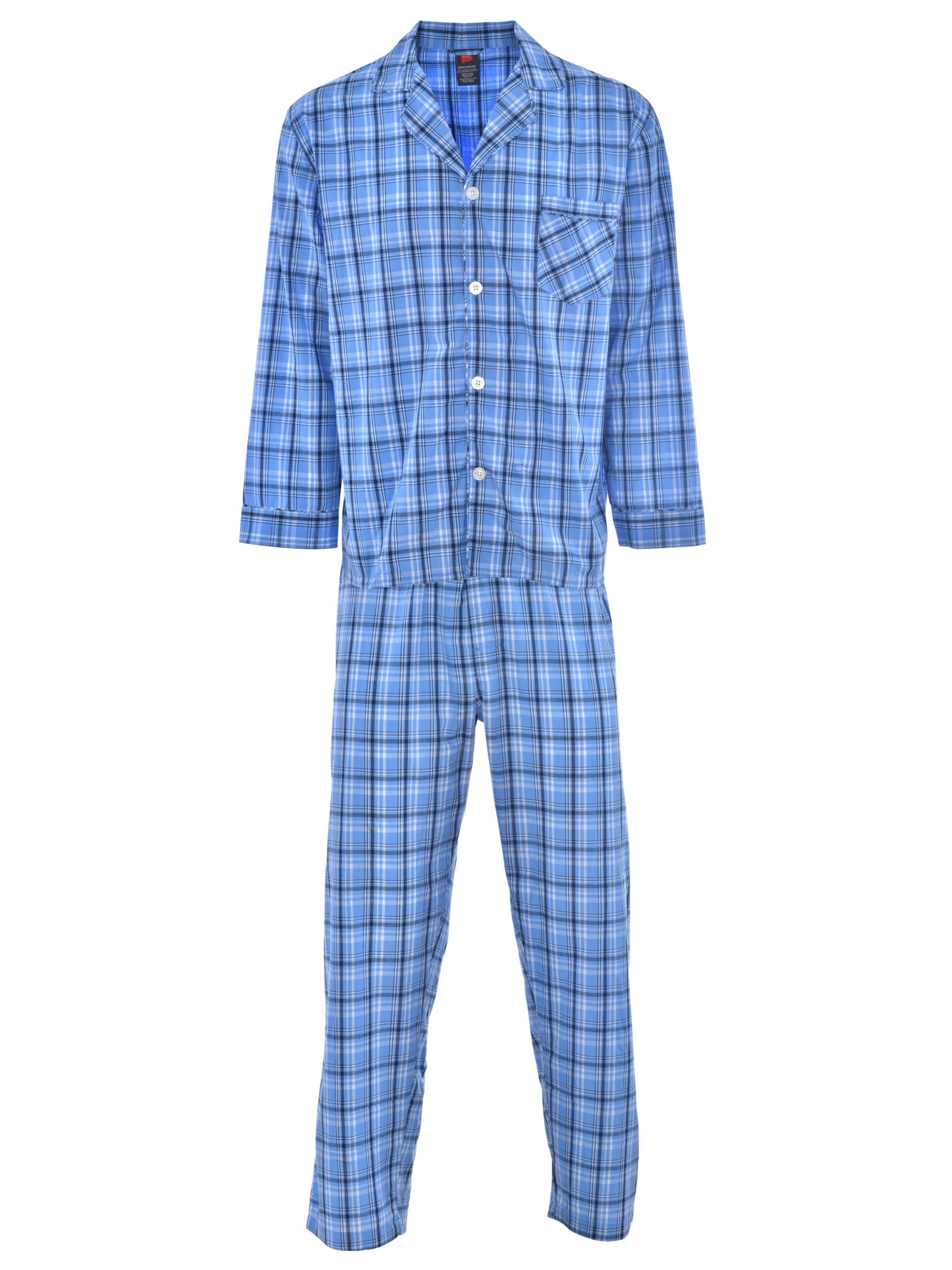 Hanes MEN'S Woven Pajama Long Sleeve Shirt & Pants Grey Checked Plaid XL L 2X