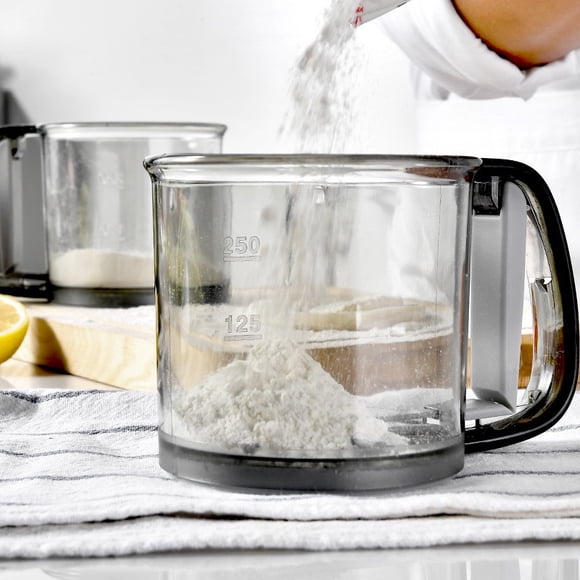 EGNMCR Kitchen Gadgets, Kitchen Accessories Handheld Flour Semi-Automatic Fine Mesh Sieve With Clear Measuring Lightweight Plastic Baking Tool For Cakes And Powdered Ingredients flour sifter