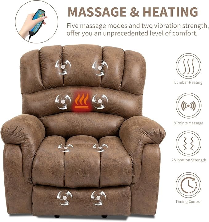 EPICOZY Large Power Lift Recliner Chair with Extended Footrest for Elderly Big Tall Man, Overstuffed Heated Massage Wide Electric Recliners with 2 Remote Controls, Side Packets & USB Ports, Brown