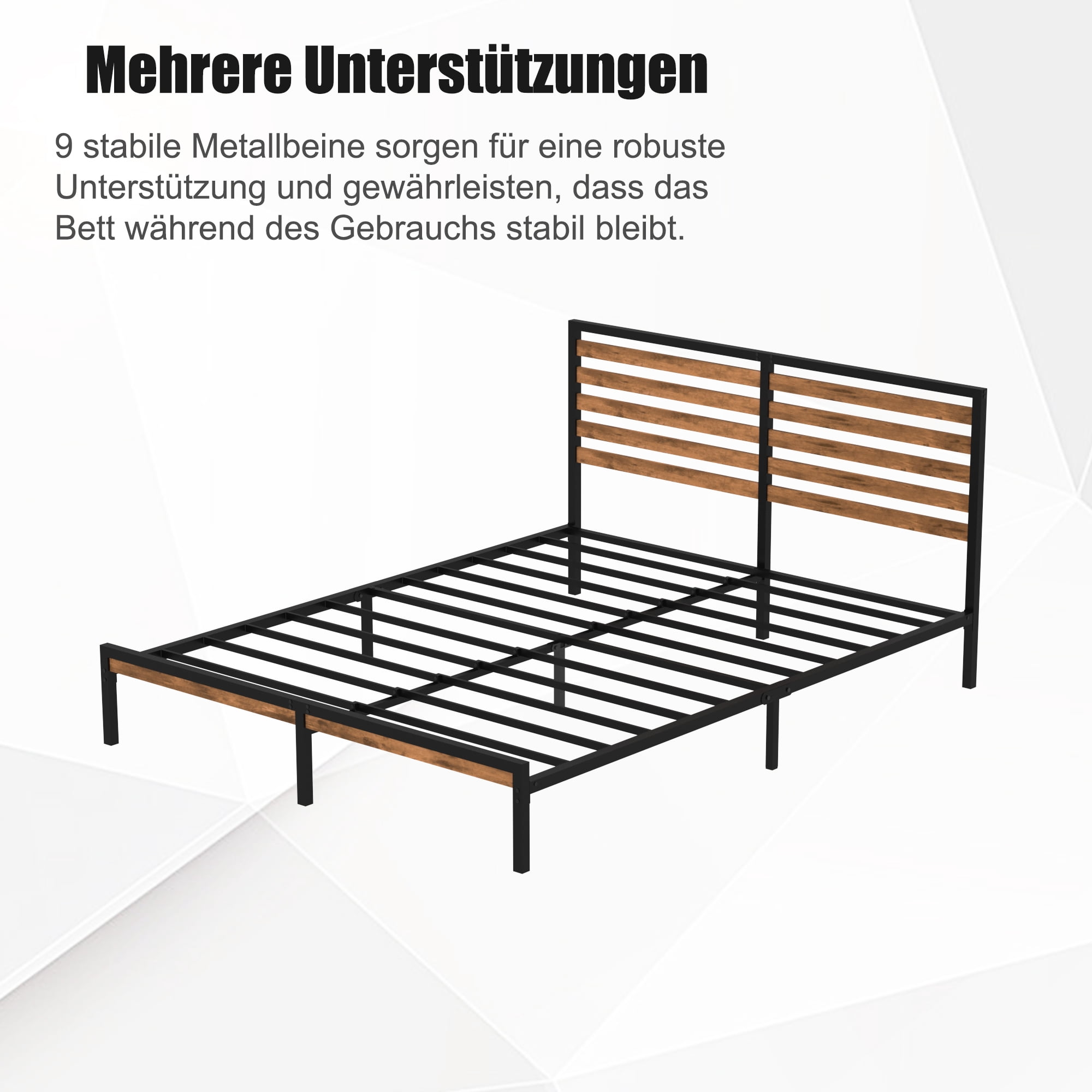 Full Size Metal Platform Bed Frame, Rustic Brown & Black Bed with Wood Headboard, Noise-Free Slat Support, Under Bed Storage Space, No Box Spring Required