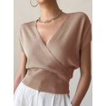 thumbnail image 5 of Gynyvoja Women'S V-Neck Wrap Front Ribbed Knit Short Sleeve Fitted Cropped Sweater Tos Brown M, 5 of 7