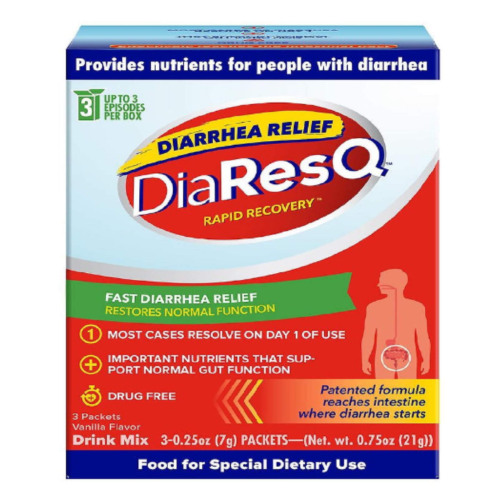 DiaResQ Adult Fast Diarrhea Antacid Relief Rapid Recovery Packets, 3 Ct