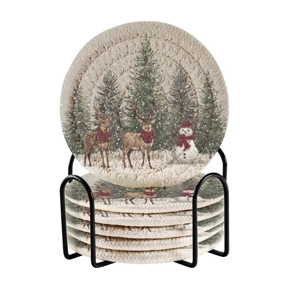 6 Pcs Drink Coasters with Holder 3.94in Woven Coasters for Drinks Christmas Deer and Snowmen Coaster Set for Protection Table