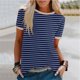 thumbnail image 2 of Blusas para las Mujeres Casual, Rayas Impresas Patchwork Manga Corta Cuello Redondo Top Hecho de 95% Poliéster 5% Spandex para el Verano, Tops Cortos para las Mujeres, 2 of 5