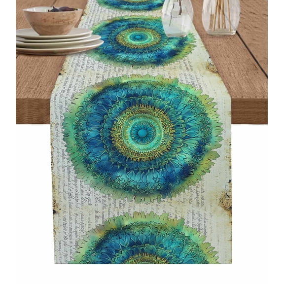 Vintage Abstract Floral Table Runner 90 Inches, Retro Teal Art Bed Runner Dresser Scarves Tabletop for Indoor Outdoor Parties/Ceremony/Banquet, 13" x 90"