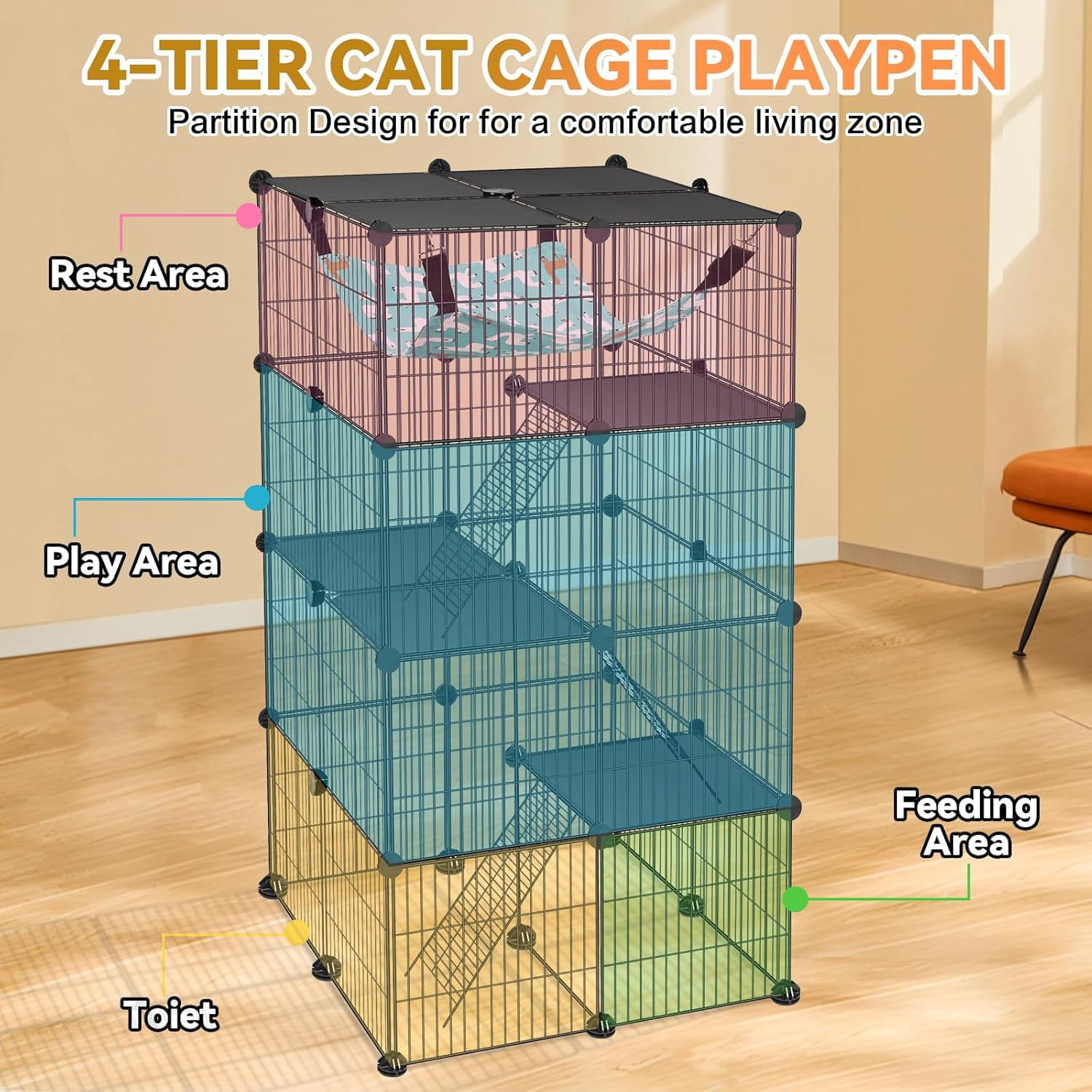 Cat Cage 4-Tier DIY Cat Enclosures Catio Cat Playpen Indoor Outdoor with Hammock Detachable Metal Wire Kennel Cats Crate 2x2x4 Exercise Place for 1-3 Cats/Kitten