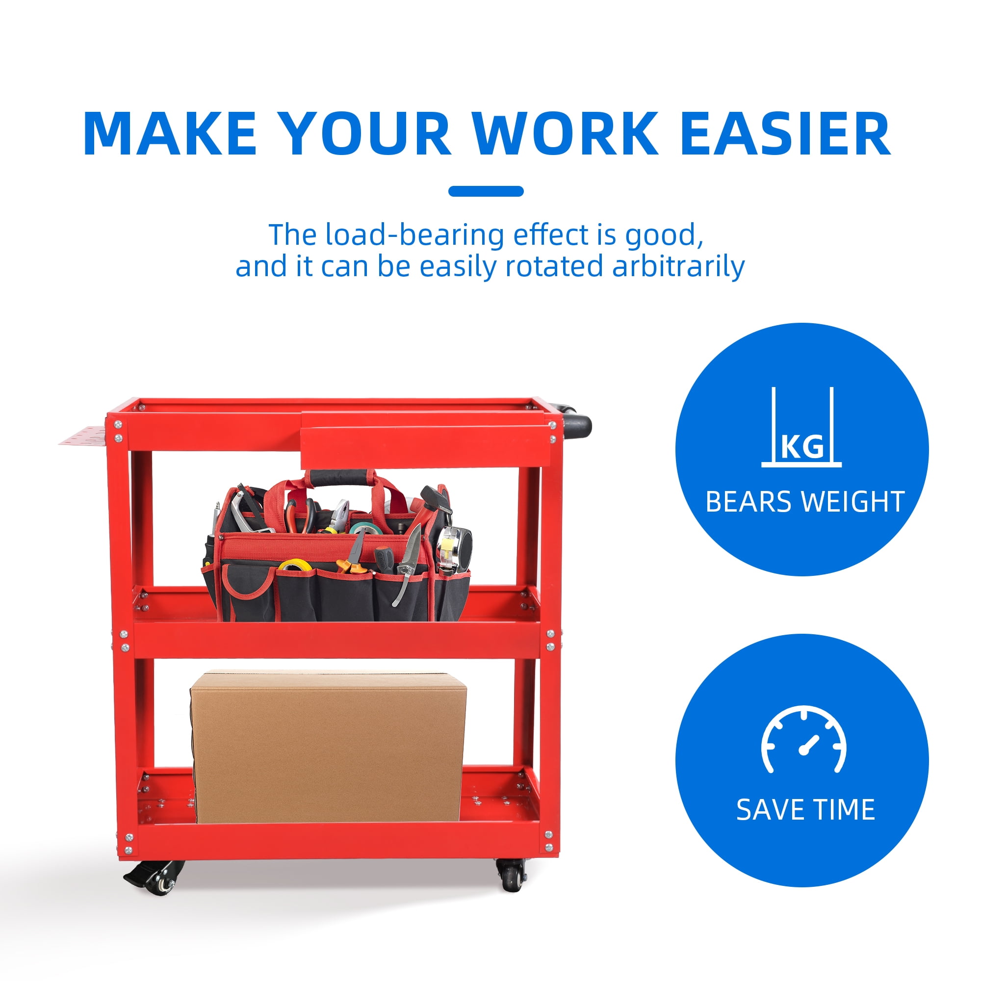 Uforic 3-Tier Metal Tool Cart on Wheels, Rolling Service Cart with Hanging Board & Storage Box, Red
