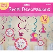 1st birthday girl 'hugs and stitches' hanging swirl decorations (12pc)