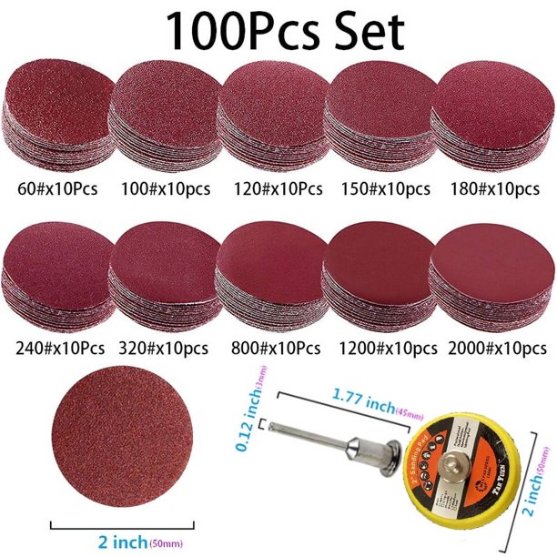 Juego de 50-100 Uds. De discos de lijado de 2 pulgadas, Kit de almohadillas para amoladora de taladro, herramientas rotativas con placa de respaldo, incluye papel de lija de grano 60-2000