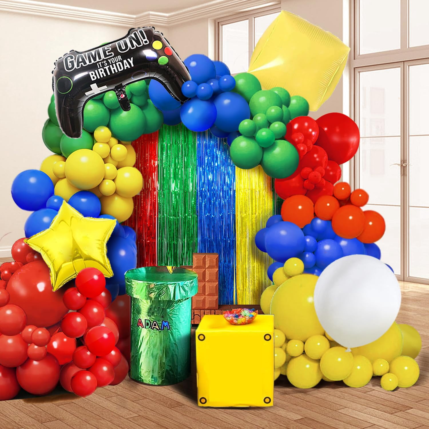 Super Bros Birthday Party Decoration, Including KKS1&nbsp;2Pack Red Yellow Foil Fringe Curtains, 1pc Mario Themed Birthday Banner & 22pcs Balloons for Video Game Mario Theme Birthday Party Supplies