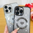 thumbnail image 3 of Magnetic Glitter for iPhone 16 Pro Max [ Compatible with MagSafe ], Luxury Love Heart Pattern Plating Bling Clear Case,Camera Protection Sparkly Slim Soft Back Cover for Women Girls,Silver, 3 of 12