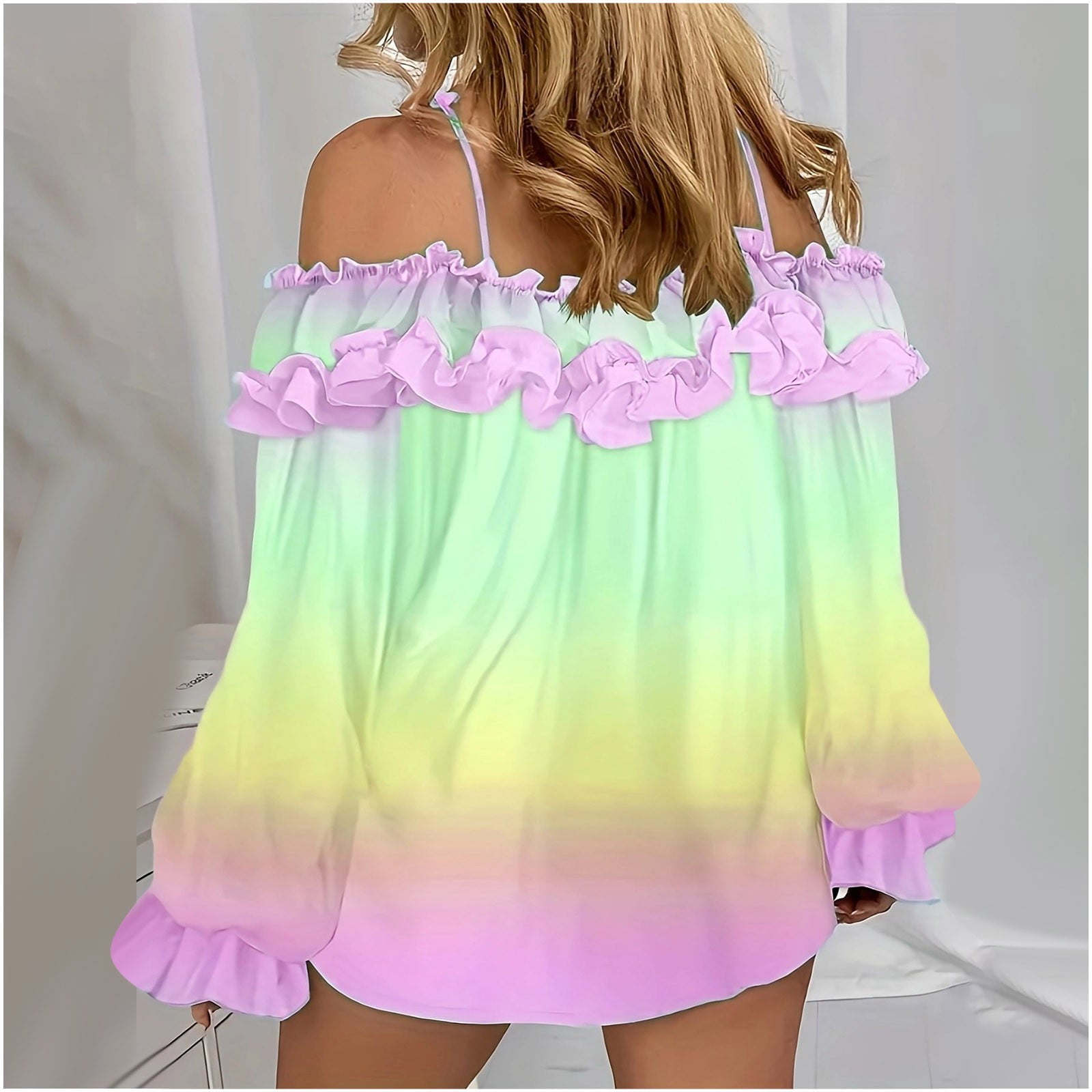 ylioge S-5X Plus Size Shirts for Women Off the Shoulder Long Sleeve Blouses Tops Womens Trendy Gradient Printed Ruffled Pullover Hawaiian Beach Top