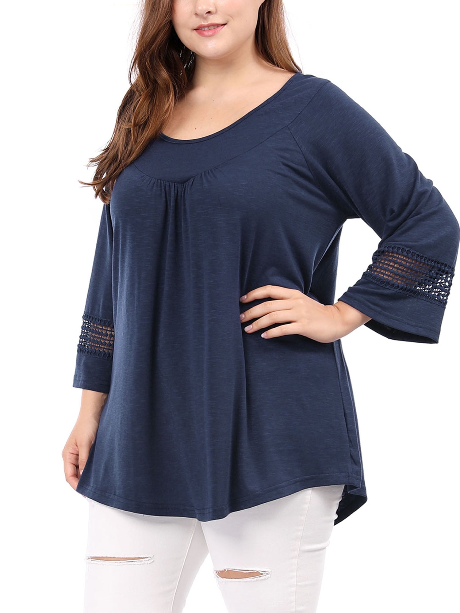 Unique Bargains Juniors' Plus Size Crochet Panel Kimono Raglan Sleeves Ruched Front Top Blue 1X