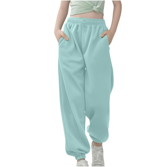 Aocisk Girls Sweatpants Medium Large Children Solid Color Drawstring Casual Comfortable Girls Trousers Light Blue 7-8 Years