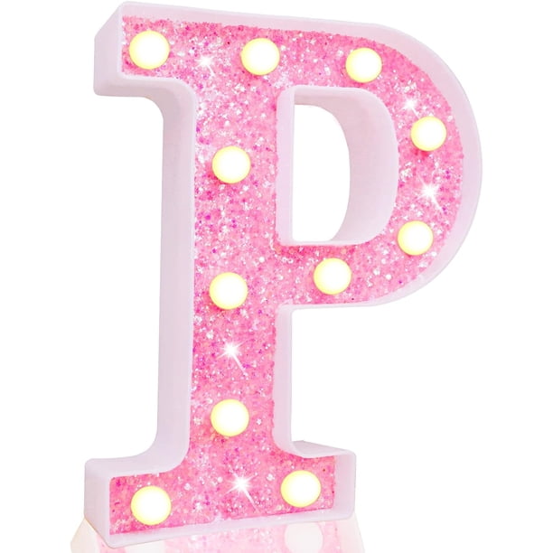Pooqla Luces LED para Marquesina con Letras, Letras Rosas iluminadas, Letrero con Letras del Alfabeto con Purpurina, Funciona con Pilas para luz Nocturna, Fiesta de cumpleaños, Boda, Regalos para niña