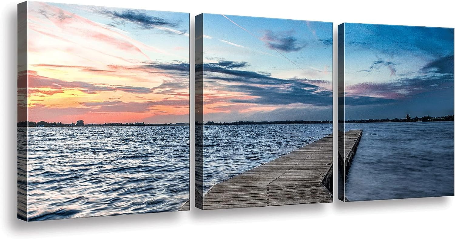 3 Panel Beach Canvas Wall Art for Home Decor Blue Sea Sunset Seascape