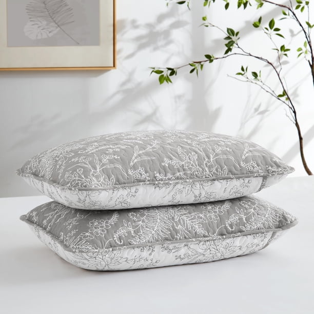 Southshore Fine Living Inc. Fundas de almohada de color gris floral, tamaño estándar, 20 x 26 pulgadas, fundas de almohada acolchadas, tamaño Queen, juego de 2, se adapta a almohadas de cama estándar,