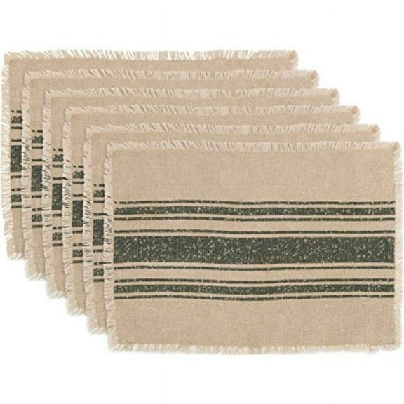 VHC Brands Farmhouse Holiday Tabletop & Kitchen - Vintage Burlap Stripe White Placemat Set of 6, 12 x 18 Oval, Green