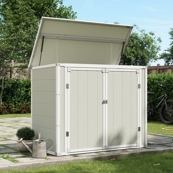 UDPATIO 41 Cu.Ft Horizontal Storage Shed Outdoor, Weatherproof Resin Storage Shed with Floor Thickened, Gas Spring, Lockable Doors for Trash Can Storage, Tools, Lawn Mower, for Patio, Sand